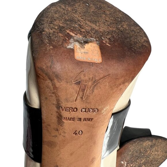 Giuseppe Zanotti high heel sandals patent leather black cream white peep toe - Picture 10 of 16